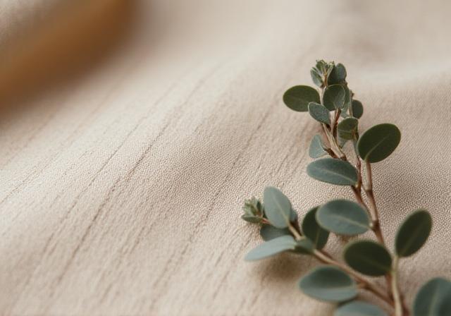 Dettaglio di tessuti in lino e mobili in legno FSC