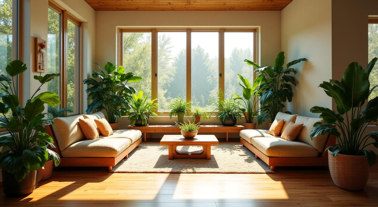 Interno moderno e sostenibile con piante rigogliose