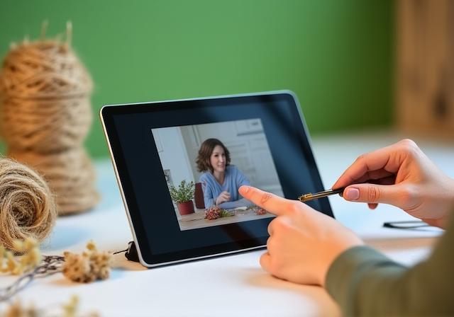 Mani che seguono una guida su un tablet mentre creano una decorazione naturale